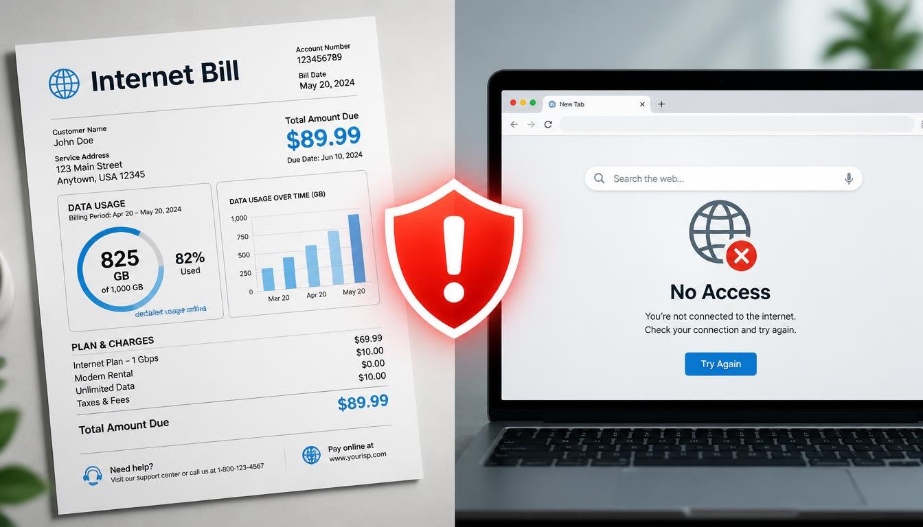 An illustration comparing an internet WiFi bill showing charges against a laptop screen displaying web search history