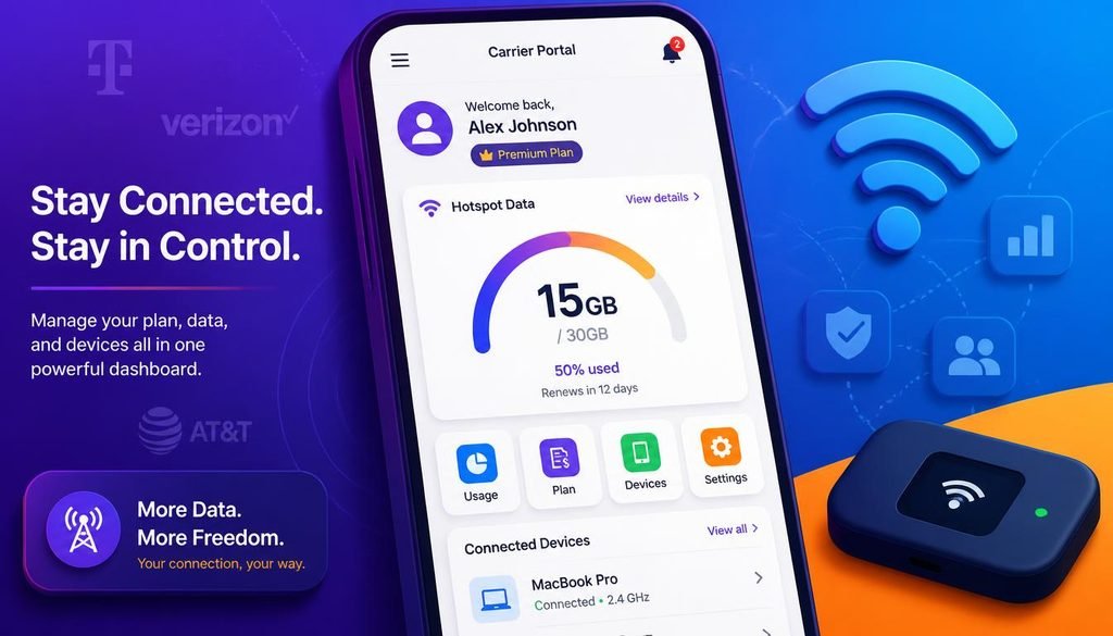 Illustration of smartphone displaying cellular carrier account dashboard with hotspot data allowance