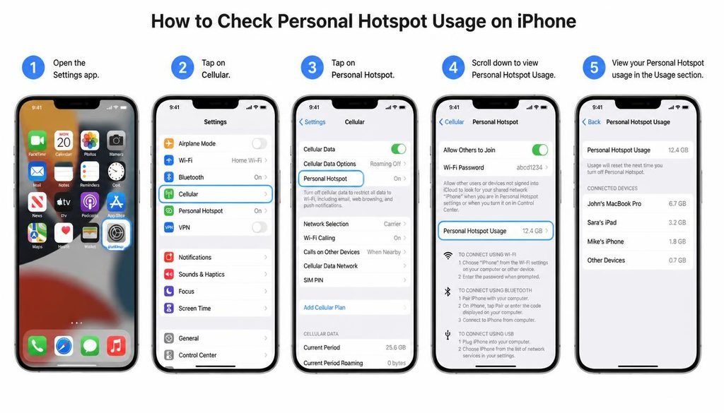 How Much Hotspot Do I Have Left
Step-by-step UI concept showing how to check personal hotspot usage on iPhone settings menu