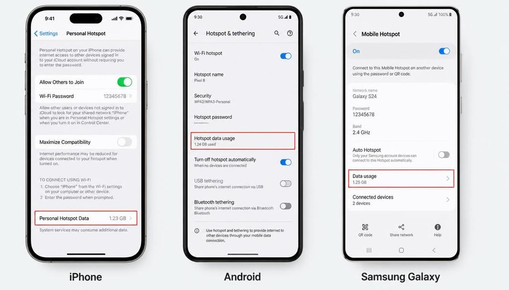 Three smartphones representing iPhone, Android, and Samsung Galaxy with settings screens for checking hotspot data usage