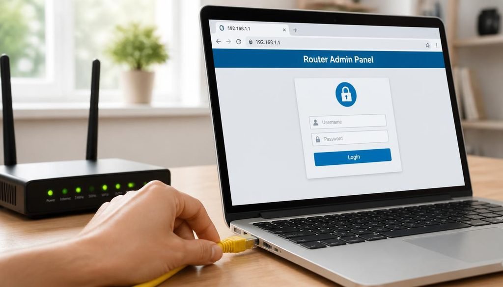 How to Access Router Settings
Connecting an Ethernet cable from a Wi-Fi router to a laptop displaying the 192.168.1.1 admin panel login screen