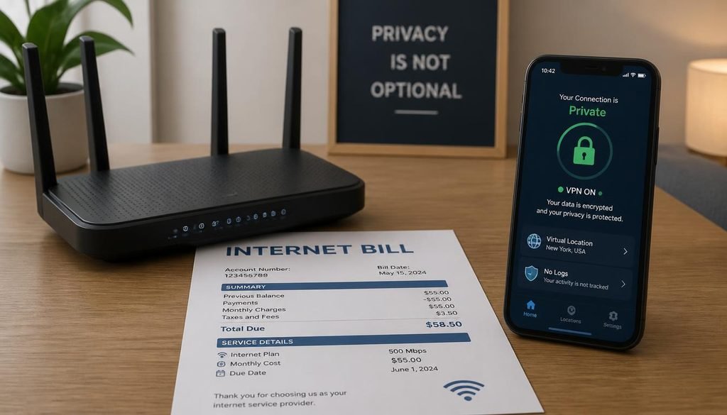 A modern home WiFi router next to a paper internet bill and smartphone demonstrating network privacy