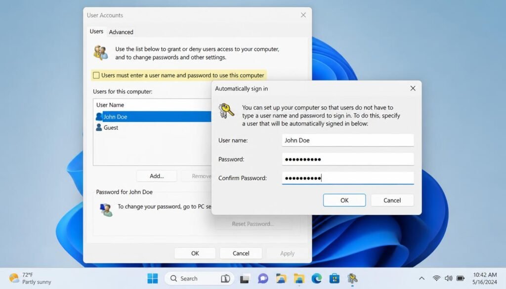 Windows 11 Automatic Login
Unchecking users must enter a username and password checkbox in netplwiz user accounts dialog box