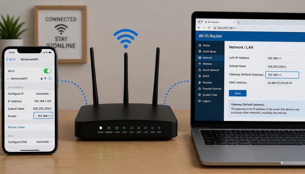 How to Access Router Settings
A smartphone and laptop connected to a Wi-Fi router showing network gateway IP address settings