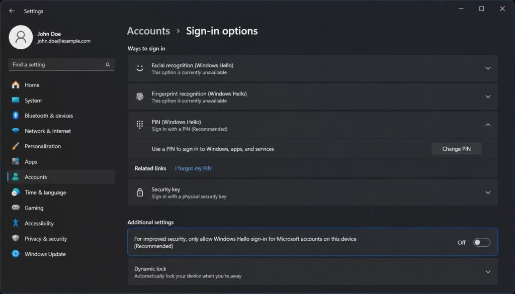 Windows 11 Automatic Login
Disabling Windows Hello only sign-in setting in Windows 11 Accounts menu to fix missing netplwiz checkbox