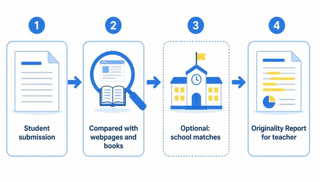 Does Google Classroom Have an AI Detector ,Diagram showing a student submission compared with webpages, books, and optional school matches to create an originality report
