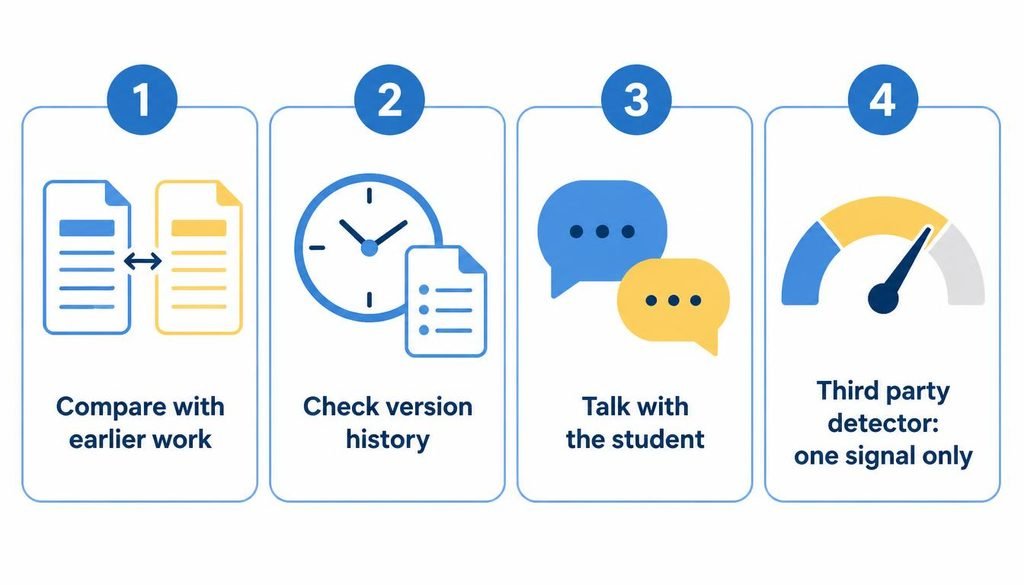 Four step visual showing how teachers review AI use: compare earlier work, check version history, talk with the student, then use a third party detector as one signal