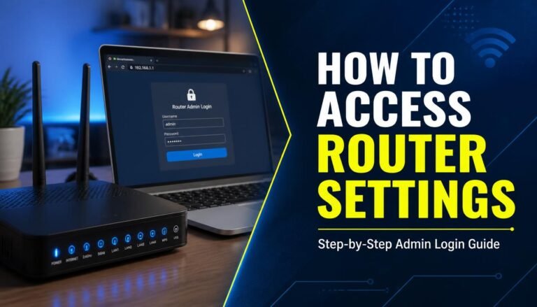 A laptop displaying a router admin login page next to a modern Wi-Fi router