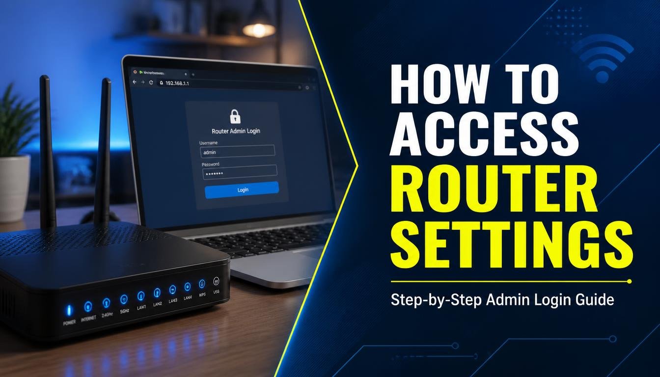 A laptop displaying a router admin login page next to a modern Wi-Fi router