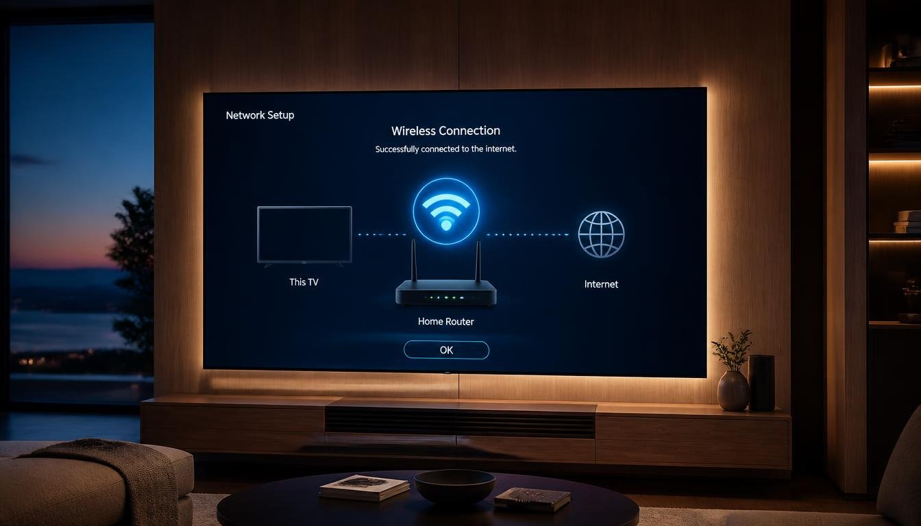 Modern Smart TV on a wall displaying a wireless network setup menu connected to WiFi