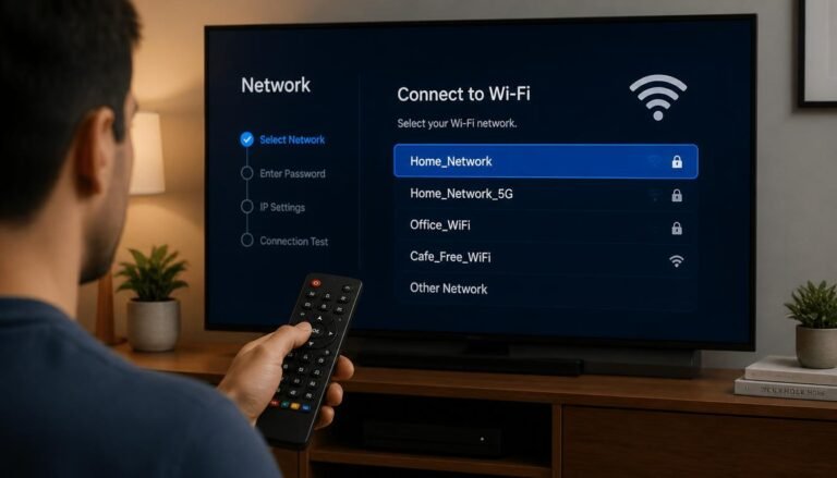 A user connecting a Smart TV to WiFi network using a remote control