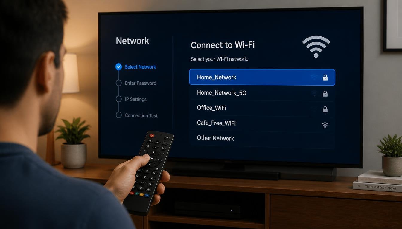 A user connecting a Smart TV to WiFi network using a remote control