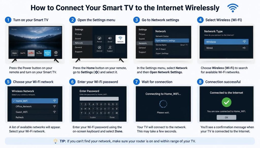Step-by-step guide on how to connect a smart TV to the internet wirelessly