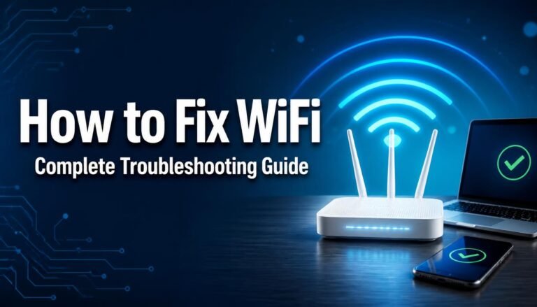 How to fix WiFi troubleshooting guide showing a router, laptop, and phone with a restored WiFi signal