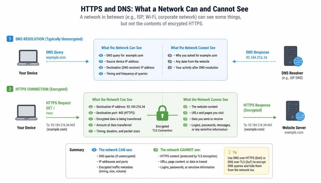 Can You See Search History on a WiFi Bill
Diagram of HTTPS and DNS showing what a network can and cannot see
