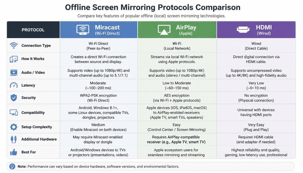Comparison chart diagram of offline screen mirroring protocols including Miracast, AirPlay, and HDMI
