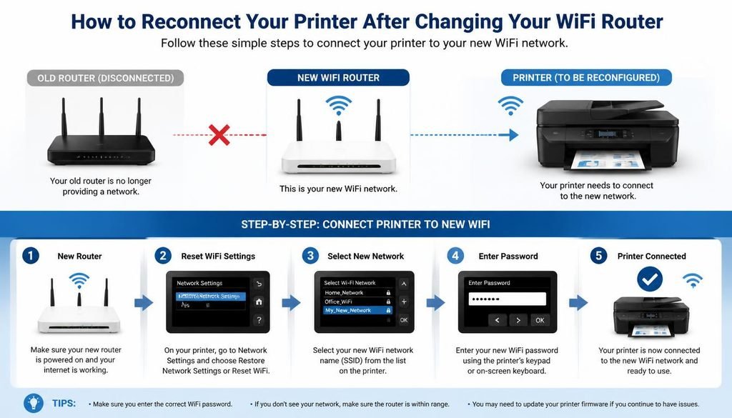 How to reconnect a printer after changing to a new WiFi router