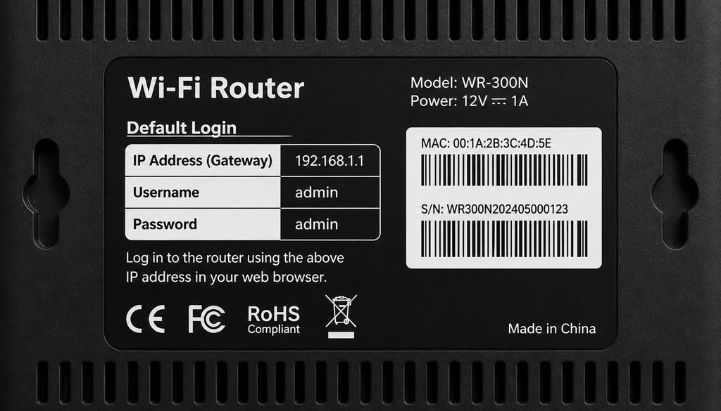 Back label of a Wi-Fi router displaying default admin login credentials and gateway IP address
