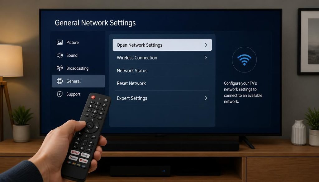 Smart TV remote pointing at network connection settings menu
