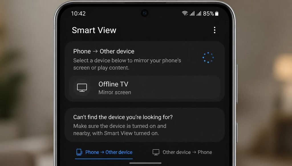Can You Screen Mirror Without WiFi
Smartphone screen displaying Samsung Smart View quick settings menu for offline TV connection
