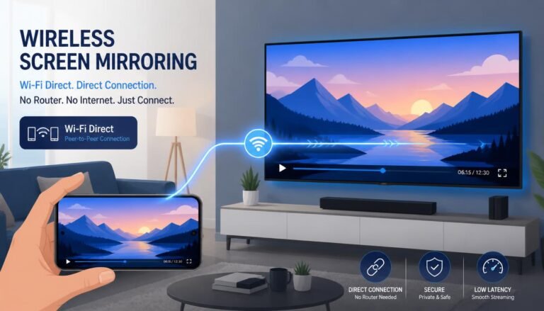 Illustration showing wireless screen mirroring from smartphone to smart TV without Wi-Fi network
