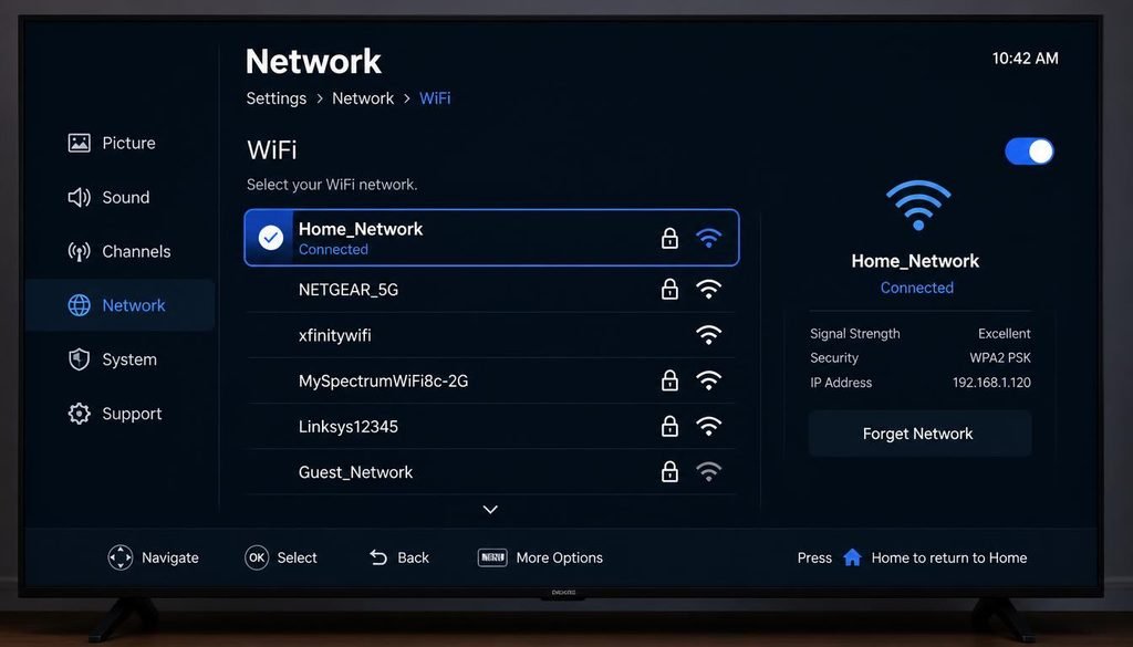 How to Connect Smart TV to WiFi
Smart TV network settings menu showing available WiFi connections
