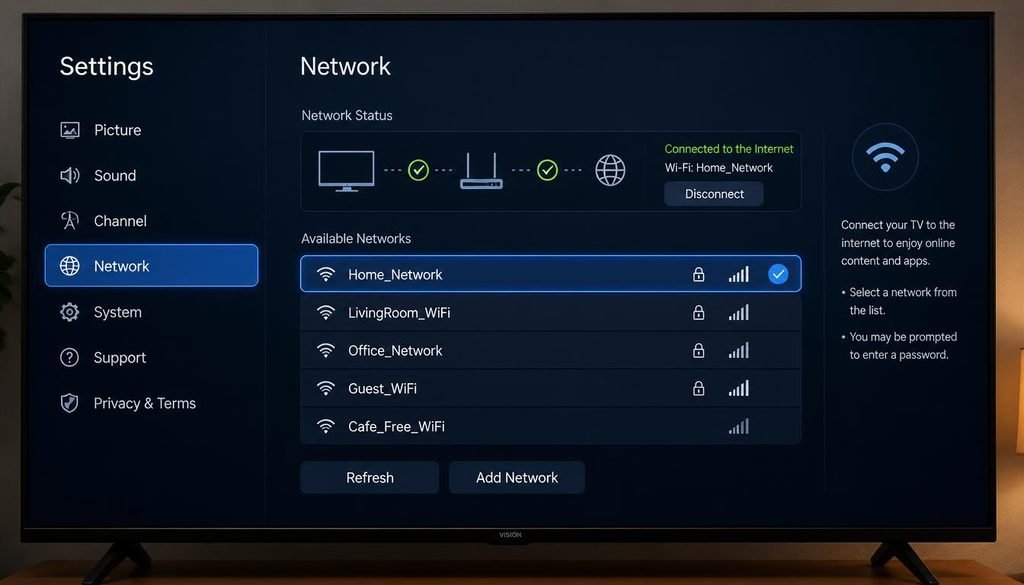 How Do I Connect My TV to the Internet
Smart TV network settings screen showing available WiFi networks list