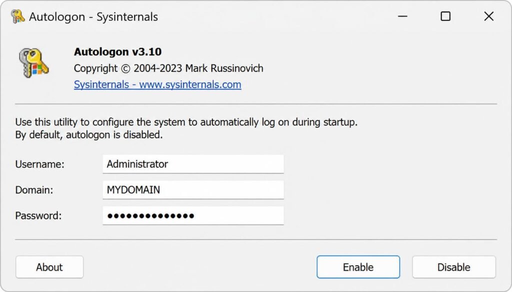 Microsoft Sysinternals Autologon tool interface showing username domain and password fields with Enable button