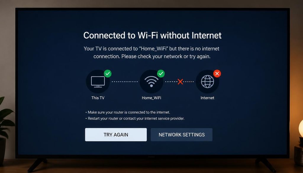 Smart TV error message showing connected to WiFi without internet