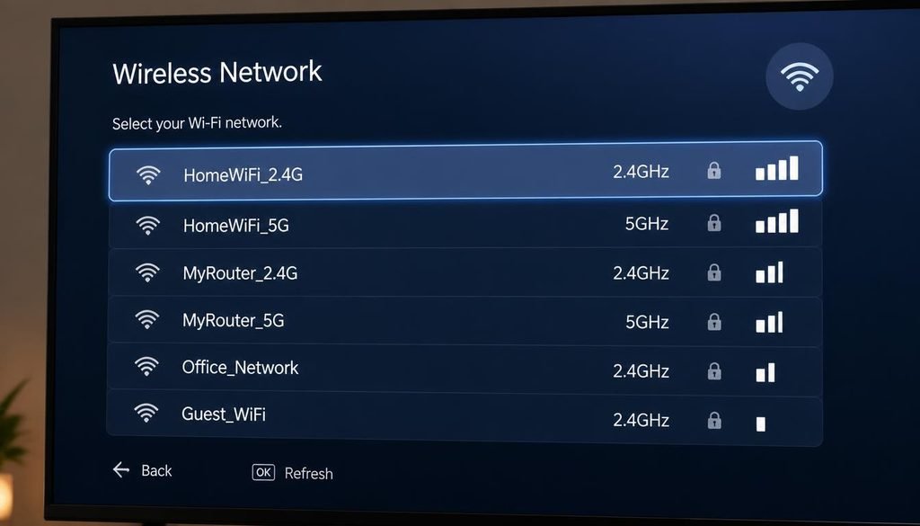 How to Connect TV to WiFi
Selecting a 2.4GHz or 5GHz wireless network on a smart TV screen