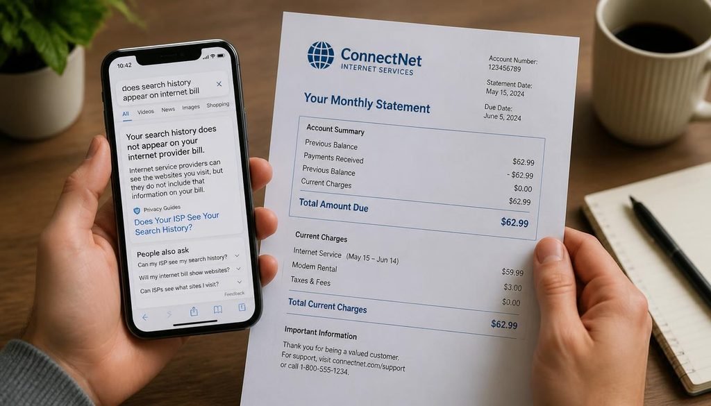 Can You See Search History on a WiFi Bill
A user holding a smartphone next to an internet provider bill to see if search history appears on statements