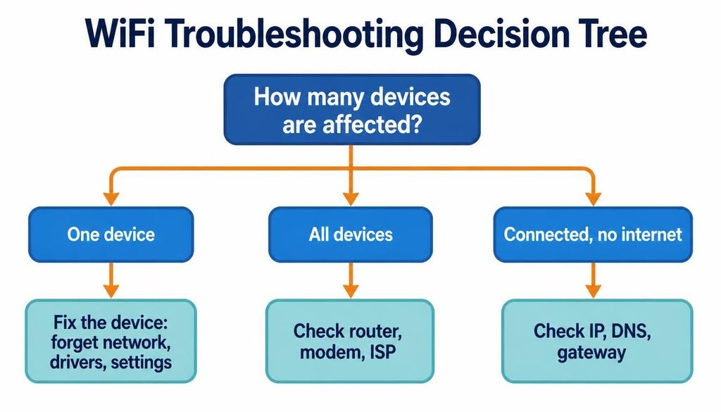 WiFi troubleshooting decision tree showing whether to check the device, router, modem, or ISP