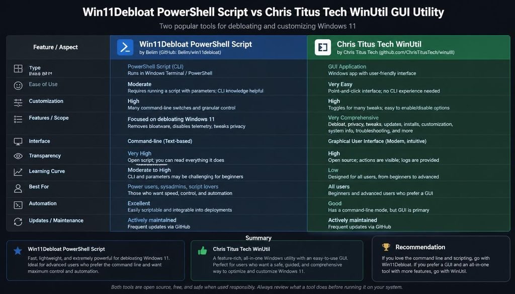 Windows 11 Debloater
Comparison between Win11Debloat PowerShell script and Chris Titus Tech WinUtil GUI utility