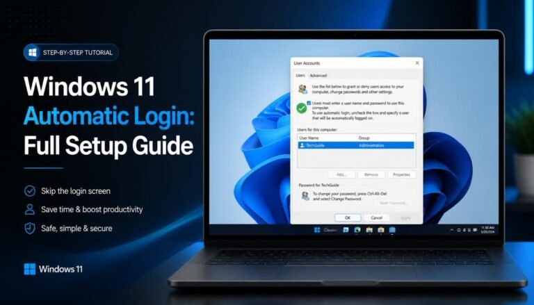 Windows 11 Automatic Login Full Setup Guide banner showing laptop screen with netplwiz window