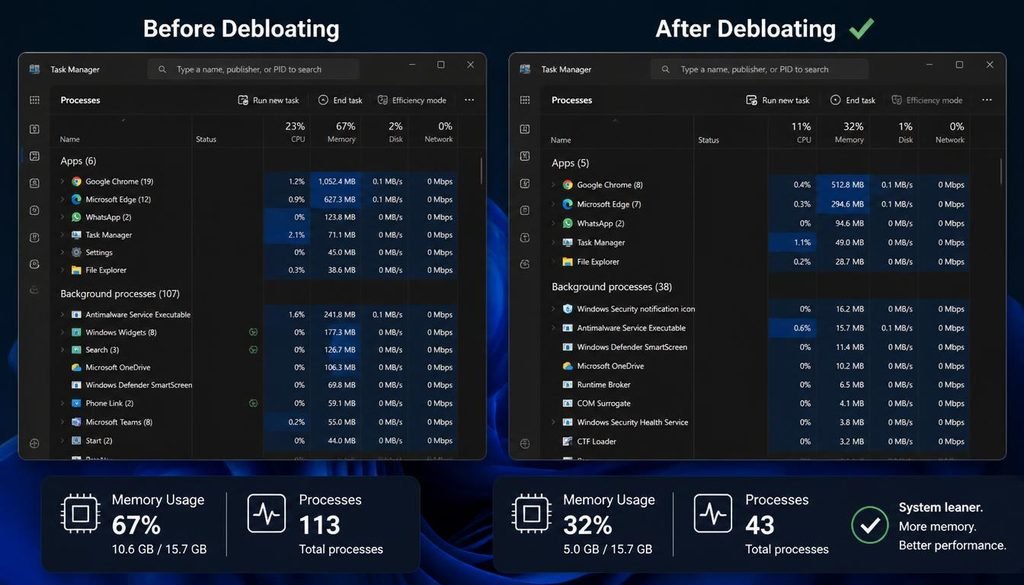 Windows 11 Debloater
Windows 11 Task Manager showing reduced RAM and process count after debloating