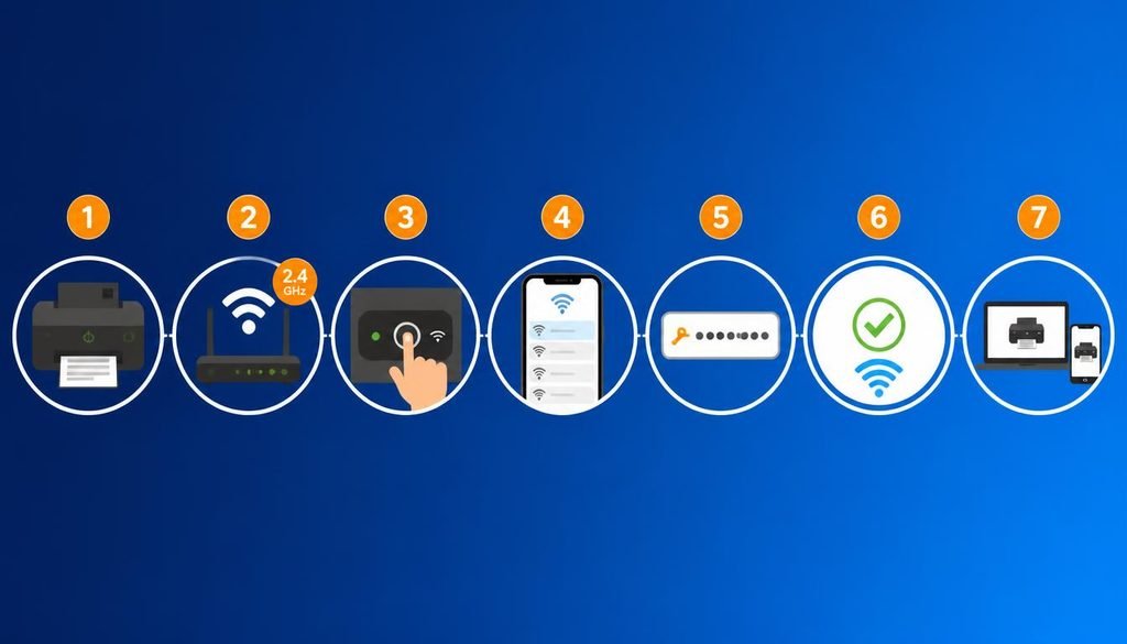 Seven step diagram showing a Canon printer joining a WiFi network through a phone app