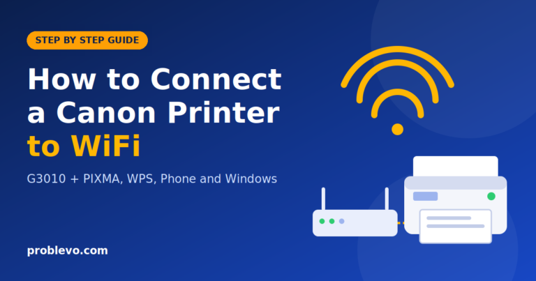 How to connect a Canon printer to WiFi guide showing a printer, a WiFi router and a wireless signal