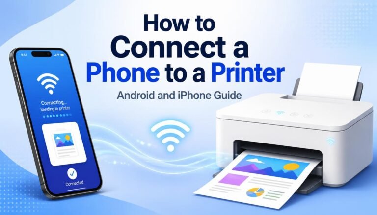 How to connect a phone to a printer, illustration of a smartphone sending a document to a wireless printer