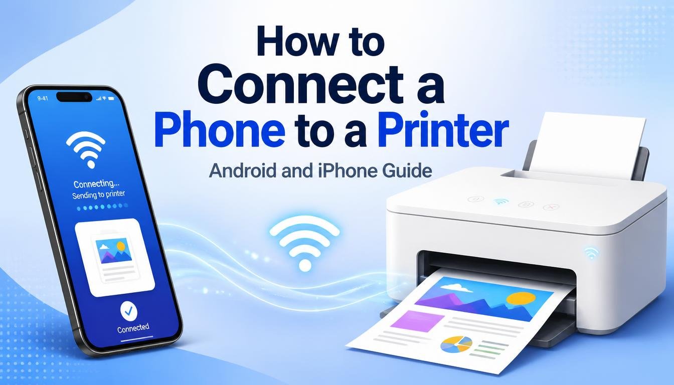 How to connect a phone to a printer, illustration of a smartphone sending a document to a wireless printer
