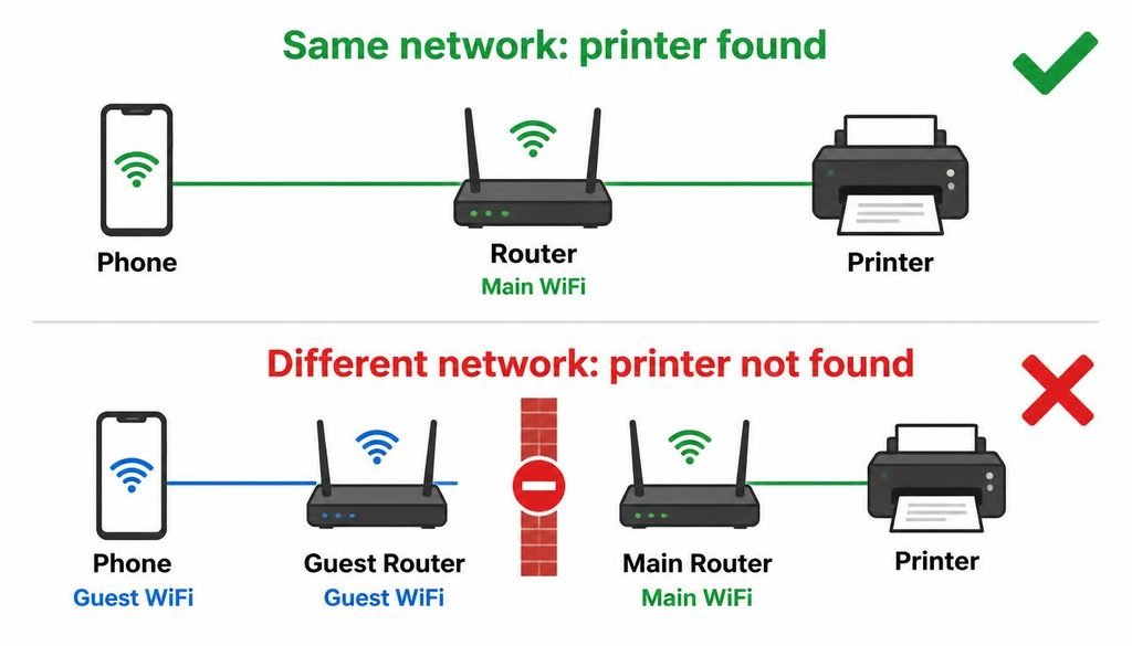 Diagram showing a phone and printer on the same WiFi network working, and a phone on guest WiFi unable to find the printer