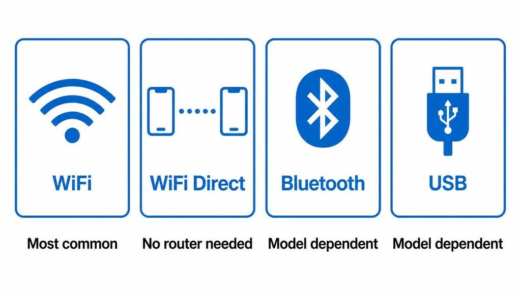 How to Connect Your Phone to a Printer , Infographic comparing four ways to connect a phone to a printer: WiFi, WiFi Direct, Bluetooth and USB