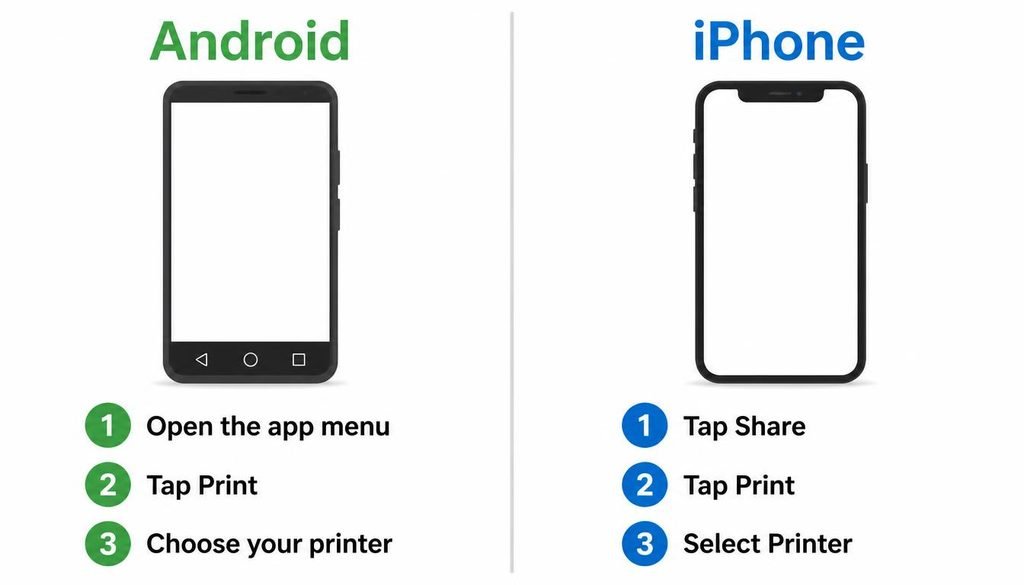 Step by step comparison of printing from an Android phone and an iPhone to a wireless printer