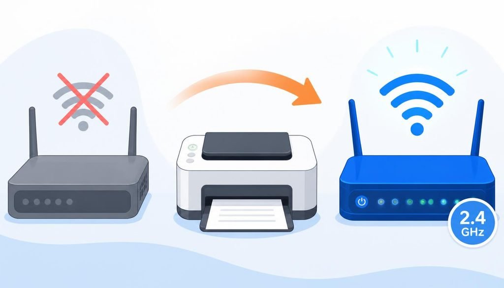 Diagram of a Canon printer switching from an old router to a new router with a 2.4 GHz label